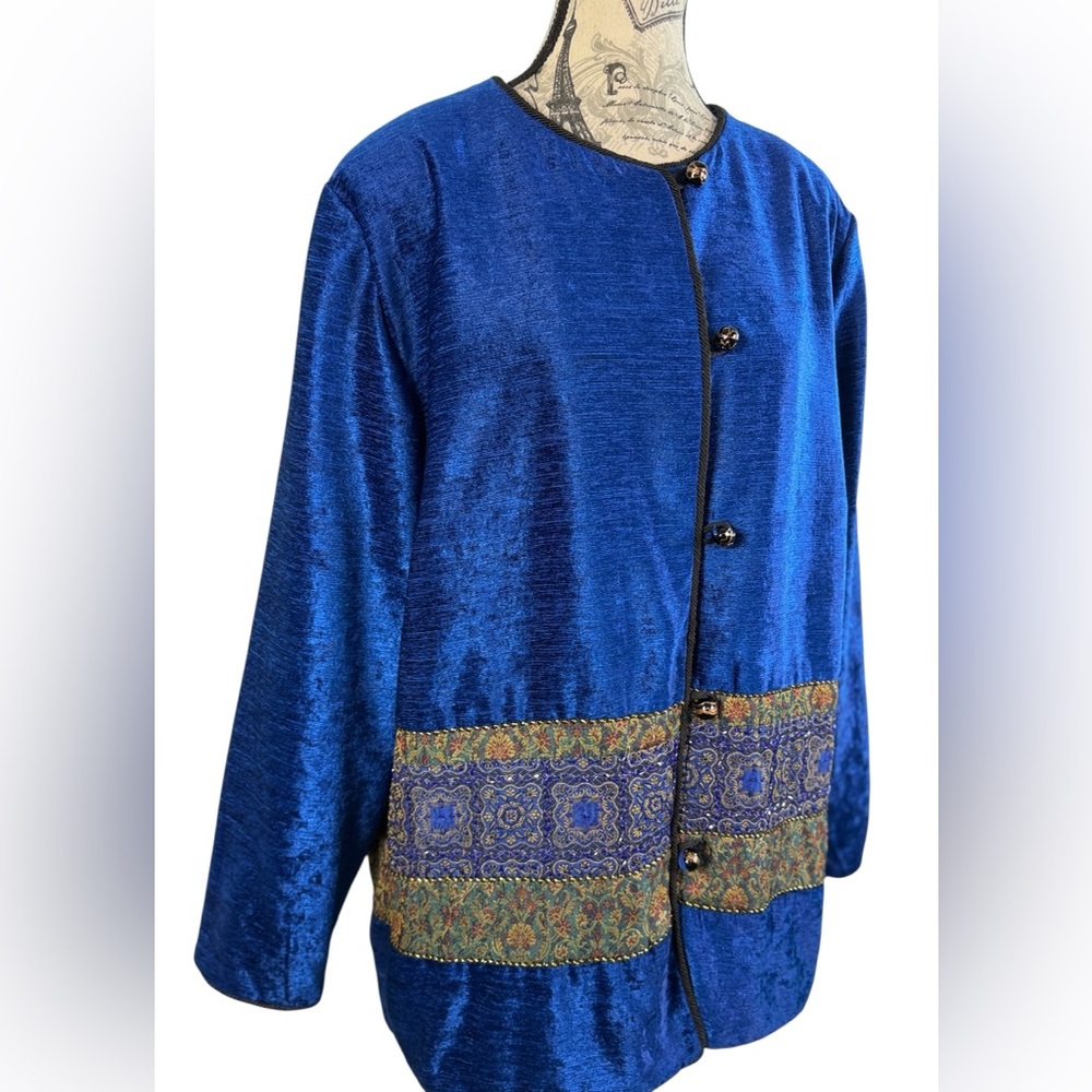 Vintage Stephanie Thomas Sport Cobalt Blue Velvet Beaded Jacket Size 16 - Picture 3 of 12